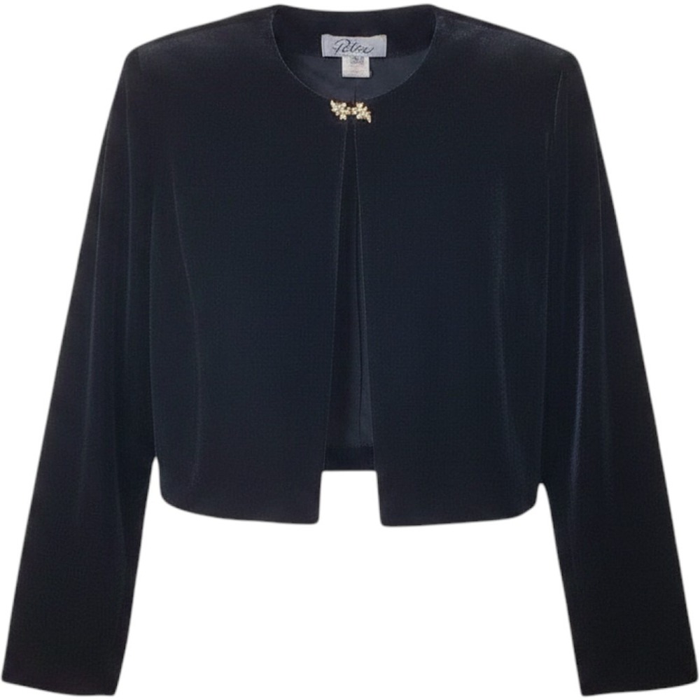 Patra Vintage 90s Black Velvet Crop Jacket Shrug Bolero with Rhinestone Brooch 6
